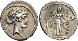 Q. Pomponius Musa. Denarius 66, AR 3.90 g. Laureate head of Apollo r.; behind, sceptre. Rev. Q·PO – MPONI – MVSA Melpomene standing facing, head, r., ...