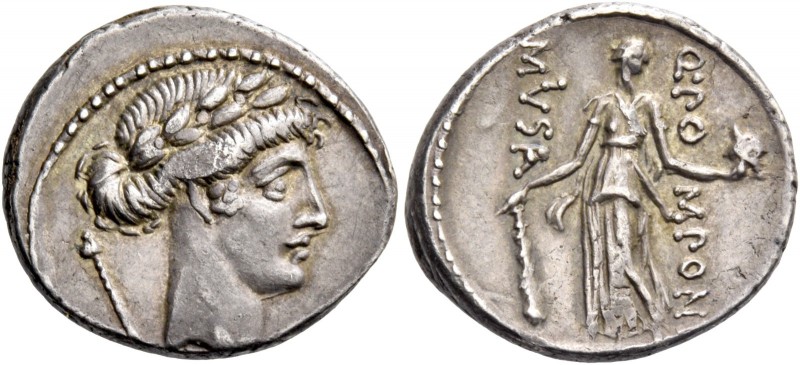Q. Pomponius Musa. Denarius 66, AR 3.92 g. Laureate head of Apollo r.; behind, s...