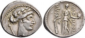 Q. Pomponius Musa. Denarius 66, AR 3.92 g. Laureate head of Apollo r.; behind, sceptre. Rev. Q·PO – MPONI – MVSA Melpomene standing facing, head, r., ...