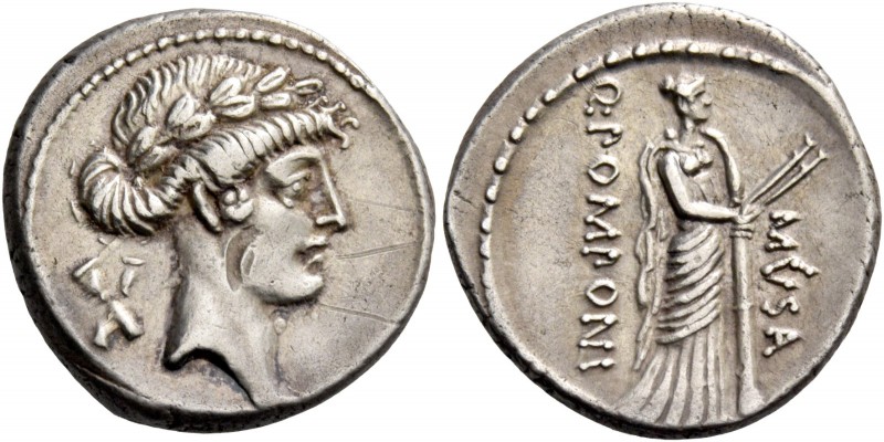Q. Pomponius Musa. Denarius 66, AR 3.94 g. Laureate head of Apollo r.; behind, t...