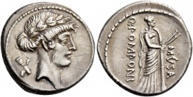 Q. Pomponius Musa. Denarius 66, AR 3.94 g. Laureate head of Apollo r.; behind, two flutes in saltire. Rev. Q ·POMPONI – MVSA Eutherpes standing r., re...
