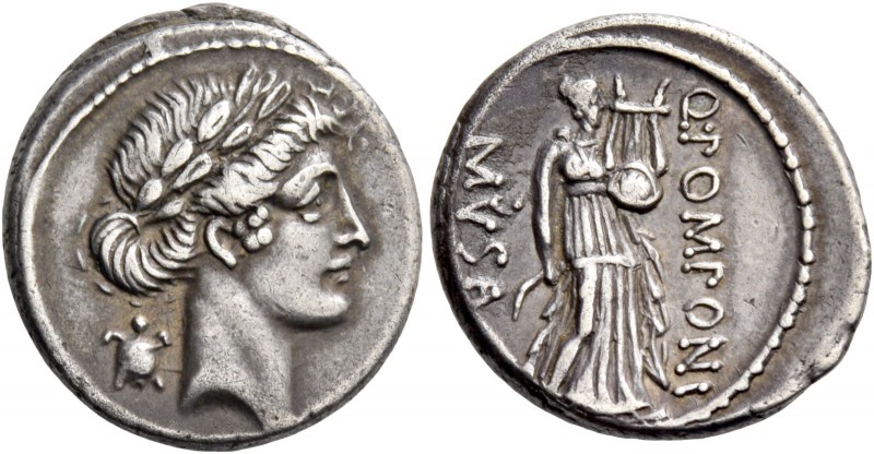 Q. Pomponius Musa. Denarius 66, AR 4.06 g. Laureate head of Apollo r.; behind, t...