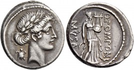 Q. Pomponius Musa. Denarius 66, AR 4.06 g. Laureate head of Apollo r.; behind, tortoise. Rev. Terpsichore standing r. holding square lyre in l. hand a...