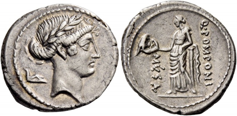 Q. Pomponius Musa. Denarius 66, AR 4.06 g. Laureate head of Apollo r.; behind, s...