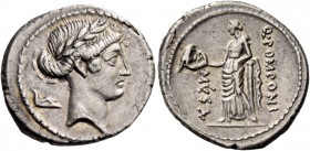 Q. Pomponius Musa. Denarius 66, AR 4.06 g. Laureate head of Apollo r.; behind, sandal. Rev. Q·POMPONI – MVSA Thalia standing l., holding comic mask in...