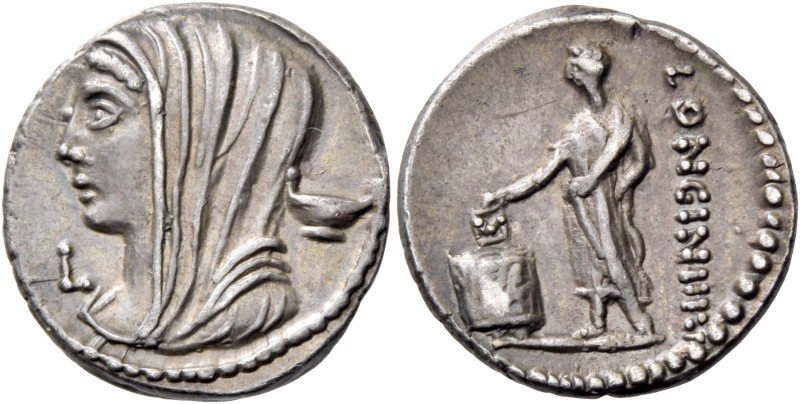 L. Cassius Longinus. Denarius 63, AR 3.97 g. Diademed and veiled head of Vesta l...