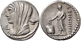 L. Cassius Longinus. Denarius 63, AR 3.97 g. Diademed and veiled head of Vesta l.; below chin, L. In r. field, dish. Rev. LONGIN·III·V Voter standing ...