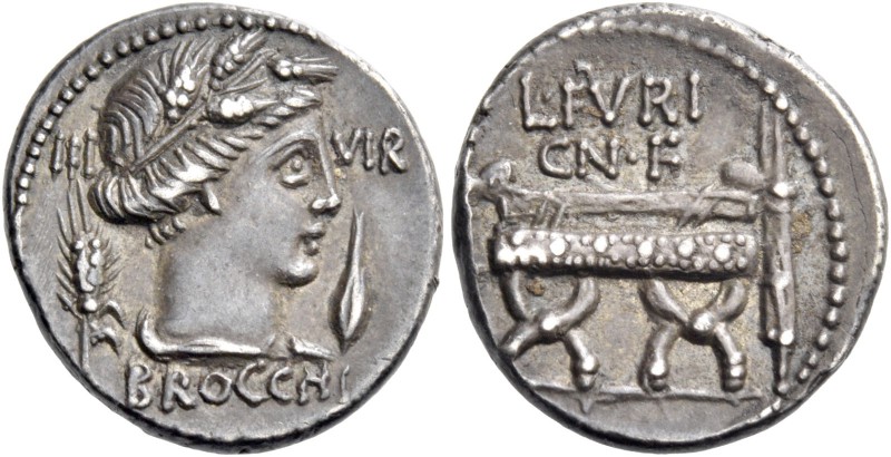 L. Furius Cn. f. Brocchus. Denarius 63, AR 3.86 g. III – VIR Head of Ceres r.; a...