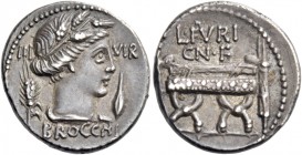 L. Furius Cn. f. Brocchus. Denarius 63, AR 3.86 g. III – VIR Head of Ceres r.; at sides, corn ear and barley grain. Below, BROCCHI. Rev. L·FVRI· / CN·...