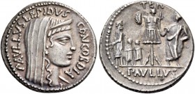 L. Furius Cn. f. Brocchus. Denarius 62, AR 3.84 g. PAVLLVS LEPIDVS – CONCORDIA Diademed and draped bust of Concordia r. Rev. Trophy; to r., togate fig...