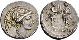 C. Servilius C.f. Denarius 57, AR 3.80 g. FLORAL·[PRIMVS] Wreathed head of Flora r.; in l. field, lituus. Rev. Two soldiers facing each other and pres...