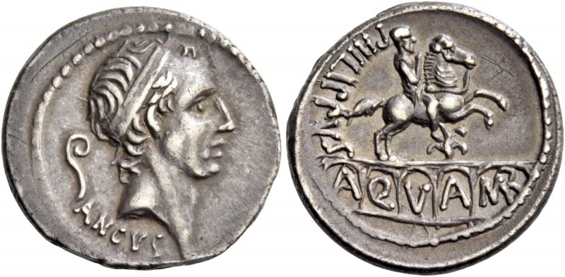 L. Marcius Philippus. Denarius 56, AR 4.03 g. Diademed head of Ancus Marcius r.;...