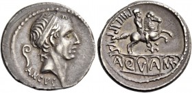 L. Marcius Philippus. Denarius 56, AR 4.03 g. Diademed head of Ancus Marcius r.; behind, lituus and below, ANCVS. Rev. PHILIPPVS Equestrian statue sta...