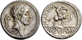 L. Marcius Philippus. Denarius 56, AR 3.81 g. Diademed head of Ancus Marcius r.; behind, lituus and below, ANCVS. Rev. PHILIPPVS Equestrian statue sta...