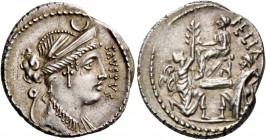 Faustus Cornelius Sulla. Denarius 56, AR 3.97 g. FAVSTVS Diademed and draped bust of Diana r.; above, crescent and behind, lituus. Rev. FELIX Sulla se...