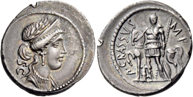 P. Licinius Crassus. Denarius 55, AR 3.72 g. Laureate, diademed and draped bust ...