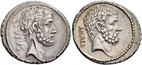 M. Iunius Brutus. Denarius 54, AR 4.11 g. BRVTVS Head of L. Iunius Brutus r. Rev. AHALA Head of C. Servilius Ahala r. Babelon Julia 30 and Servilia 17...