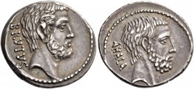 M. Iunius Brutus. Denarius 54, AR 3.95 g. BRVTVS Head of L. Iunius Brutus r. Rev. AHALA Head of C. Servilius Ahala r. Babelon Julia 30 and Servilia 17...