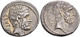 M. Iunius Brutus. Denarius 54, AR 4.18 g. BRVTVS Head of L. Iunius Brutus r. Rev. AHALA Head of C. Servilius Ahala r. Babelon Julia 30 and Servilia 17...