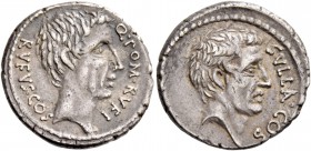 Q. Pompeius Rufus. Denarius 54, AR 3.77 g. SVLLA·COS Head of Sulla r. Rev. Q·POM·RVFI Head of Q. Pompeius Rufus r.; behind, RVFVS·COS. Babelon Corneli...