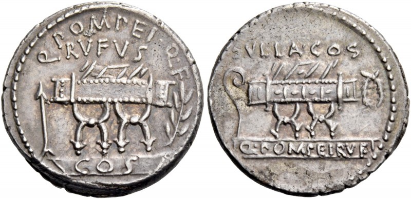 Q. Pompeius Rufus. Denarius 54, AR 3.65 g. Q·POMPEI·Q·F / RVFVS Curule chair; on...