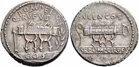 Q. Pompeius Rufus. Denarius 54, AR 3.65 g. Q·POMPEI·Q·F / RVFVS Curule chair; on l., arrow and on r., laurel branch; below, COS on tablet. Rev. SVLLA·...