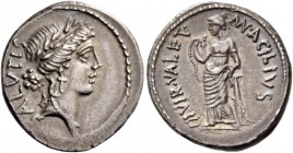Mn. Acilius Glabrio. Denarius 49, AR 4.00 g. SALVTIS upwards Laureate head of Salus r. Rev. MN·ACILIVS – III·VIR·VALETV Valetudo standing l., resting ...