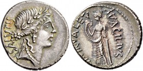Mn. Acilius Glabrio. Denarius 49, AR 3.87 g. SALVTIS upwards Laureate head of Salus r. Rev. MN·ACILIVS – III·VIR·VALETV Valetudo standing l., resting ...