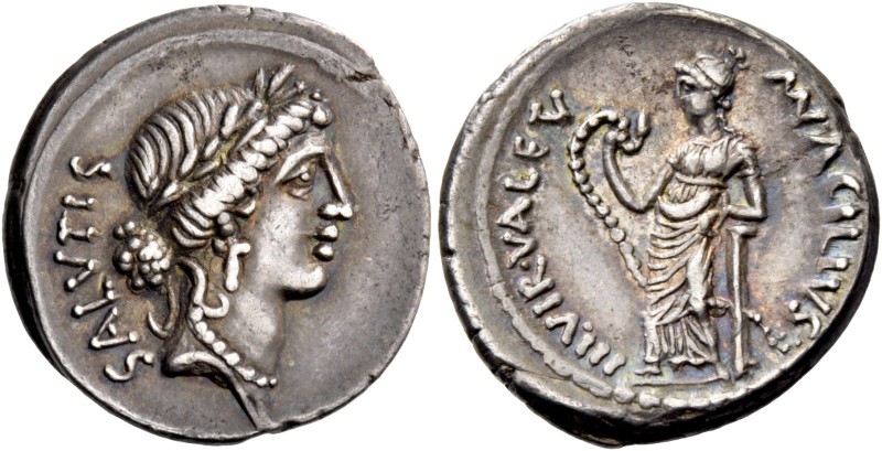 Mn. Acilius Glabrio. Denarius 49, AR 3.72 g. SALVTIS upwards Laureate head of Sa...