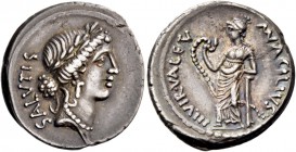 Mn. Acilius Glabrio. Denarius 49, AR 3.72 g. SALVTIS upwards Laureate head of Salus r. Rev. MN·ACILIVS – III·VIR·VALETV Valetudo standing l., resting ...