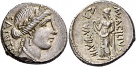 Mn. Acilius. Denarius 49, AR 3.99 g. SALVTIS Laureate head of Salus r. Rev. MN·ACILIVS – III·VIR·VALETV Valetudo standing l., resting l. arm on column...