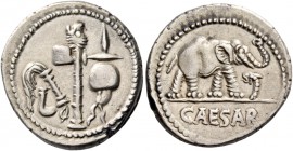 C. Iulius Caesar. Denarius, mint moving with Caesar 49-48, AR 3.99 g. Pontifical emblems: culullus, aspergillum, axe and apex. Rev. Elephant r., tramp...