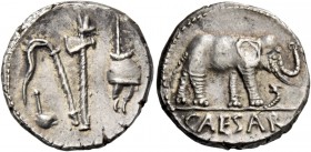 C. Iulius Caesar. Denarius, mint moving with Caesar 49-48, AR 3.84 g. Pontifical emblems: culullus, aspergillum, axe and apex. Rev. Elephant r., tramp...