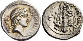 Q. Sicinius and C. Coponius. Denarius, mint moving with Pompeius 49, AR 3.91 g. Q·SICINIVS – III·VIR Head of Apollo r., hair tied with band; below, st...