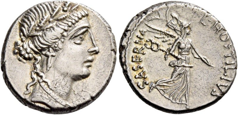 L. Hostilius Saserna. Denarius 48, AR 4.00 g. Female head r., wearing oak wreath...