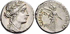 L. Hostilius Saserna. Denarius 48, AR 4.00 g. Female head r., wearing oak wreath. Rev. L·HOSTILIVS SASERNA Victory advancing r., holding caduceus and ...