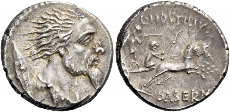 L. Hostilius Saserna. Denarius 48, AR 3.80. g. Bearded male head r.; behind, Gal...