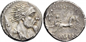 L. Hostilius Saserna. Denarius 48, AR 3.80. g. Bearded male head r.; behind, Gallic shield. Rev. L·HOSTILIVS Naked Gallic warrior in fast biga driven ...