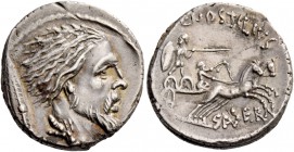 L. Hostilius Saserna. Denarius 48, AR 3.84 g. Bearded male head r.; behind, Gallic shield. Rev. L·HOSTILIVS Naked Gallic warrior in fast biga driven r...