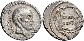 D. Iunius Brutus Albinus. Denarius 48, AR 3.93 g. A·POSTVMIVS – COS Bare head of A. Postumius r. Rev. ALBINV / BRVTI·F within wreath of corn ears. Bab...