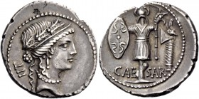 C. Iulius Caesar. Denarius, Illyria (Apollonia ?) early to mid 48, AR 3.83 g. Female head r., wearing diadem and oak wreath; behind, TII. Rev. CAE – S...