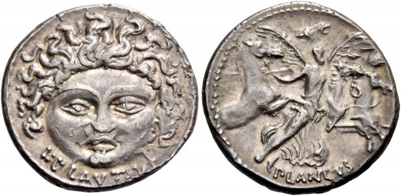 L. Plautius Plancus. Denarius 47, AR 3.97 g. Head of Medusa facing with dishevel...