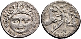 L. Plautius Plancus. Denarius 47, AR 3.97 g. Head of Medusa facing with dishevelled hair; below, L·PLAVTIVS. Rev. Victory facing, holding palm branch ...