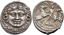 L. Plautius Plancus. Denarius 47, AR 3.90 g. Head of Medusa facing with dishevelled hair; below, L·PLAVTIVS. Rev. Victory facing, holding palm branch ...