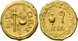 C. Iulius Caesar. Aureus, mint moving with Caesar in the East 48-47 BC, AV 8.03 g. CAESAR – DICT Axe and culullus. Rev. ITER Jug and lituus. All withi...