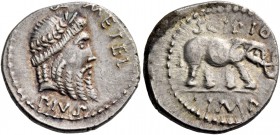 Q. Caecilius Metellus Pius Scipio. Denarius, Africa 47-46, AR 3.81 g. Q·METEL Laureate head of Jupiter r.; below, PIVS. Rev. SCIPIO Elephant r.; in ex...