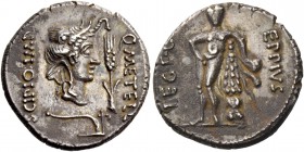 Q. Metellus Scipio and Eppius Legatus. Denarius, Africa 47-46, AR 3.95 g. Q·METELL – SCIPIO·IMP Laureate head of Africa r., wearing elephant skin; in ...