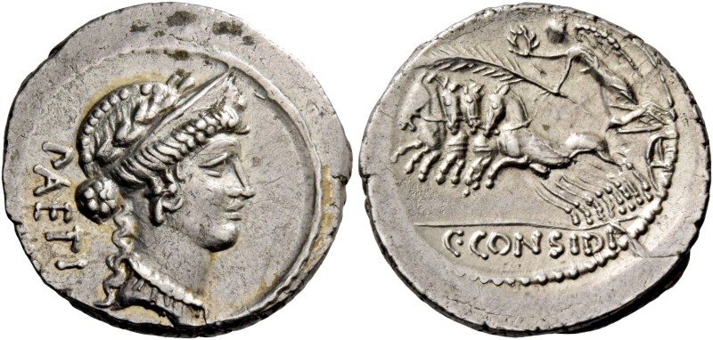 C. Considius Paetus. Denarius 46, AR 4.08 g. PAETI Laureate and diademed head of...