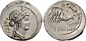C. Considius Paetus. Denarius 46, AR 4.08 g. PAETI Laureate and diademed head of Venus r. Rev. Victory in prancing quadriga l., holding, wreath and pa...
