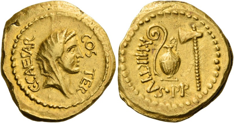 C. Iulius Caesar and A. Hirtius. Aureus 46, AV 8.17 g. C CAESAR – COS TER Veiled...